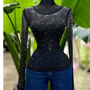 Elegant Black Rhinestone Women's Blouse